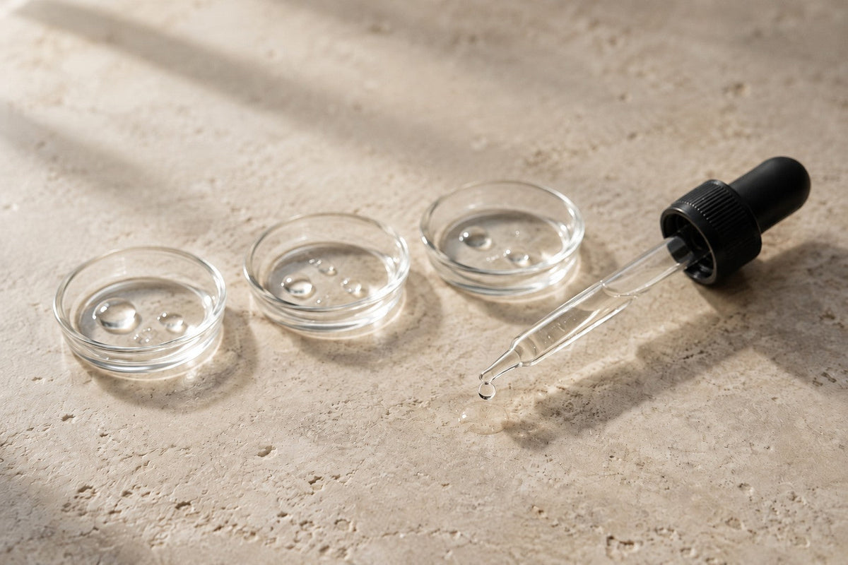 Three small glass dishes with clear drops beside a glass pipette releasing a single drop onto pale stone.
