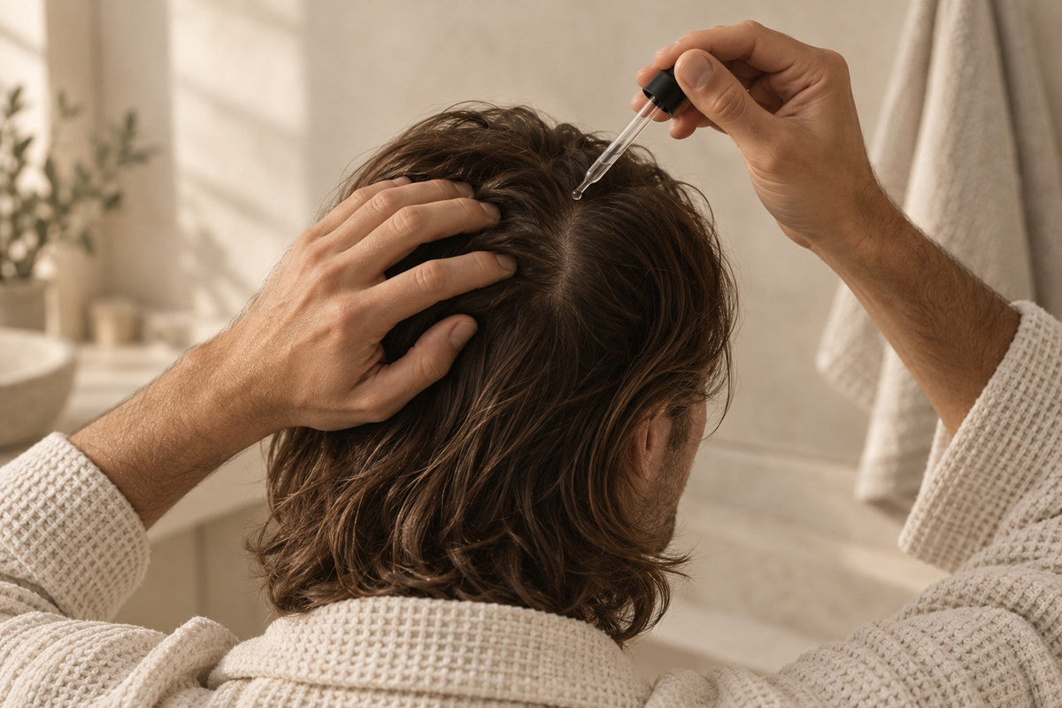 Man in a waffle robe, seen from behind, parting his shoulder-length hair and applying serum with a dropper.