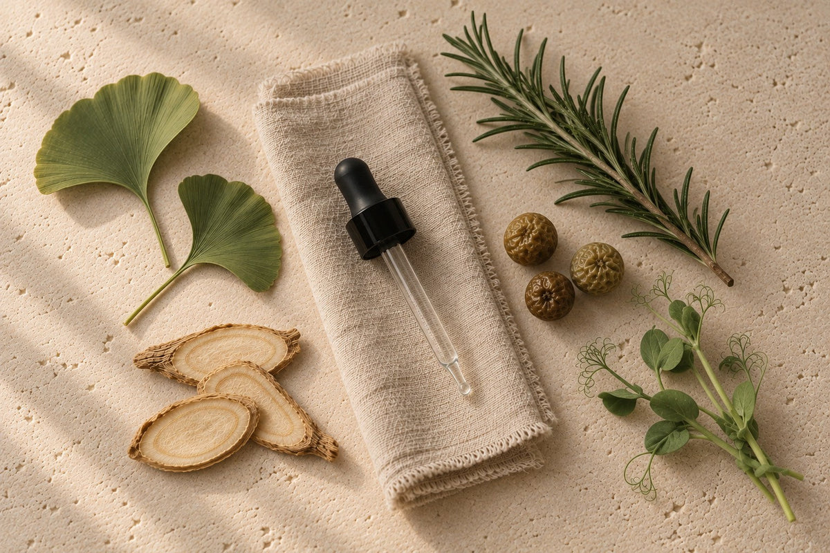 Glass dropper on a folded linen cloth, surrounded by ginkgo leaves, root slices, rosemary, small dried fruits and pea shoots.