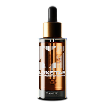 One 30 ml bottle of Loxstar Hair Growth Superserum, an amber glass dropper bottle with a gold collar, on white